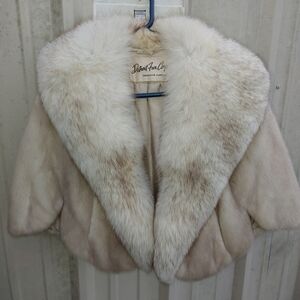 REAL FUR WHITE MINK FUR CAPE-SILVER FOX FUR TUXEDO COLLAR SIZES (Fits:SMALL-2XL)